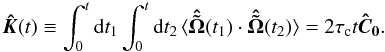 \appendix \setcounter{section}{1} \begin{equation} \boldsymbol{\hat K}(t) \equiv \int_0^t {\rm d}t_1 \int_0^t {\rm d}t_2 \,\langle\boldsymbol{\hat{\tilde\Omega}}(t_1) \cdot \boldsymbol{\hat {\tilde \Omega}}(t_2)\rangle = 2\tau_{\rm c} t \boldsymbol{\hat C_0}. \end{equation}