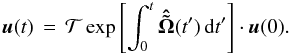 \begin{equation} \vec{u} (t)\,=\,{\cal T} \exp\left[\int_0^t \boldsymbol{\hat{\tilde \Omega}}(t')\, {\rm d}t'\right] \cdot \vec{u}(0). \end{equation}