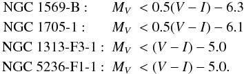 \begin{eqnarray*} \mbox{\hspace{1cm}NGC~1569-B}:\ \ \ \ \, & M_V & < 0.5 (V-I) - 6.3 \\ \mbox{NGC~1705-1}:\ \ \ \ \, \,& M_V & < 0.5 (V-I) - 6.1 \\ \mbox{NGC~1313-F3-1}: & M_V & < (V-I) - 5.0 \\ \mbox{NGC~5236-F1-1}: & M_V & < (V-I) - 5.0. \end{eqnarray*}