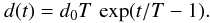 Mathematical equation: \begin{equation} d(t) = d_0 T \,\exp(t/T -1 ). \label{eq.lyap} \end{equation}