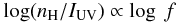 Mathematical equation: \begin{equation} \log(n_{\rm H} / I_{\rm UV}) \propto \log\ f \label{eq:Iuv-nH2} \end{equation}