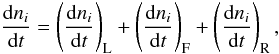 Mathematical equation: \begin{equation} \frac{\mathrm dn_{i}}{\mathrm dt}= \left(\frac{\mathrm dn_{i}}{\mathrm dt}\right)_\mathrm{L}+ \left(\frac{\mathrm d n_{i}}{\mathrm dt}\right)_\mathrm{F}+ \left(\frac{\mathrm dn_{i}}{\mathrm dt}\right)_\mathrm{R}, \end{equation}