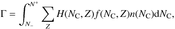Mathematical equation: \begin{equation} \label{dustH} \Gamma=\int_{N_-}^{N^+}\sum_{\it Z}H(N_{\rm C},Z)f(N_{\rm C},Z)n(N_{\rm C})\mathrm dN_{\rm C}, \end{equation}