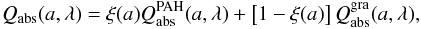 Mathematical equation: \begin{equation} Q_\mathrm{abs}(a,\lambda)=\xi(a)Q_\mathrm{abs}^\mathrm{PAH}(a,\lambda)+ \left[1-\xi(a)\right]Q_\mathrm{abs}^\mathrm{gra}(a,\lambda), \end{equation}