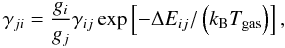 Mathematical equation: \begin{equation} \gamma_{ji}=\frac{g_{i}}{g_j}\gamma_{ij}\exp\left[-\Delta E_{ij}/\left(k_{\rm B}T_{\mathrm{gas}}\right)\right], \end{equation}