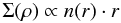Mathematical equation: \begin{equation} \label{eq1} \Sigma(\rho) \propto n(r)\cdot r \end{equation}