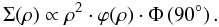 Mathematical equation: \begin{equation} \Sigma (\rho) \propto \rho^{2} \cdot \varphi (\rho) \cdot \Phi\left(90^\circ\right) . \end{equation}