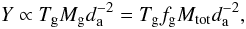 Mathematical equation: \begin{equation} Y\propto T_{\rm g} M_{\rm g} d_{\rm a}^{-2}=T_{\rm g}f_{\rm g}M_{\rm tot}d_{\rm a}^{-2}, \end{equation}