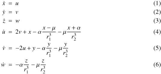 Mathematical equation: \begin{eqnarray} \dot{x} & = & u \\ \dot{y} & = & v \\ \dot{z} & = & w \\ \dot{u} & = & 2v + x -\alpha {x - \mu \over r_{1}^3} -\mu {x + \alpha \over r_{2}^3} \\ \dot{v} & = & -2u + y -\alpha {y \over r_{1}^3} -\mu {y \over r_{2}^3} \\ \dot{w} & = & -\alpha {z \over r_{1}^3} -\mu {z \over r_{2}^3} \end{eqnarray}
