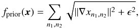 Mathematical equation: \appendix \setcounter{section}{1} \begin{equation} \label{eq:tv-prior} f_{\rm prior}(\boldsymbol{x}) = \sum_{n_1,n_2} \sqrt{\norm{\nabla x_{n_1,n_2}}^2 + \epsilon^2}, \end{equation}