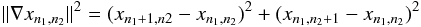Mathematical equation: \appendix \setcounter{section}{1} \begin{displaymath} \norm{\nabla x_{n_1,n_2}}^2 = (x_{n_1+1,n2} - x_{n_1,n_2})^2 + (x_{n_1,n_2+1} - x_{n_1,n_2})^2 \end{displaymath}