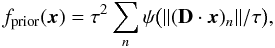 Mathematical equation: \appendix \setcounter{section}{1} \begin{equation} f_{\rm prior}(\boldsymbol{x}) = \tau^2 \sum_{n} \psi\bigl(\norm{(\mathbf{D}\cdot\boldsymbol{x})_{n}}/\tau\bigr) , \label{eq:l1-l2-prior} \end{equation}