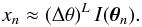 Mathematical equation: \appendix \setcounter{section}{3} \begin{equation} \label{eq:sampled-normalized-image-model} x_n \approx (\Delta\theta)^L \, I(\boldsymbol{\theta}_n) . \end{equation}