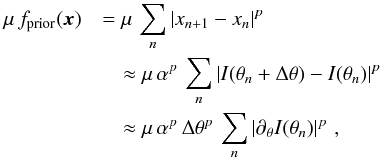 Mathematical equation: \appendix \setcounter{section}{3} \begin{eqnarray} \mu\,f_{\rm prior}(\boldsymbol{x}) &&= \mu\,\sum_n \abs{x_{n+1} - x_{n}}^p \notag \\ &&\quad\approx \mu\,\alpha^p \, \sum_n \abs{I(\theta_{n} + \Delta\theta) - I(\theta_n)}^p \notag \\ &&\quad \approx \mu\,\alpha^p\,\Delta\theta^p \, \sum_n \Abs{\partial_{\theta}I(\theta_{n})}^p \, , \notag \end{eqnarray}
