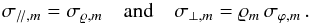 Mathematical equation: \begin{equation} \sigma_{/\!/,m} = \sigma_{\varrho,m} \quad \mbox{and} \quad \sigma_{\perp,m} = \varrho_m\,\sigma_{\varphi,m} \, . \end{equation}