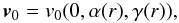 Mathematical equation: \begin{equation} {\vec v}_0 = v_0 (0, \alpha (r), \gamma (r)), \label{eq_vel} \end{equation}
