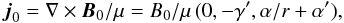 Mathematical equation: \begin{equation} {\vec j}_0=\nabla \times {\vec B}_0 /\mu = B_0/\mu \, (0,-\gamma',\alpha/r+\alpha'), \end{equation}