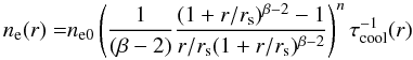 Mathematical equation: \begin{equation} \begin{aligned} n_{\rm e}(r)=& n_{\rm e0} \left(\frac{1}{(\beta-2)}\frac{(1+r/r_{\rm s}) ^{\beta-2}-1}{r/r_{\rm s}(1+r/r_{\rm s})^{\beta-2}} \right)^{n}\tau_{\rm cool}^{-1}(r)\\ \end{aligned} \label{eqn:coolcore_gas_density} \end{equation}