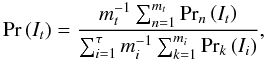 Mathematical equation: \appendix \setcounter{section}{1} \begin{equation} \mathrm{Pr}\left( I_t\right) = \frac{m_t^{-1}\sum_{n=1}^{m_t}\mathrm{Pr}_n\left( I_t\right)}{\sum_{i=1}^{\tau} m_i^{-1}\sum_{k=1}^{m_i}\mathrm{Pr}_k\left( I_i\right)}, \end{equation}