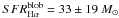 Mathematical equation: \hbox{$SFR_{\rm H\alpha}^{\rm blob} = 33\pm 19~M_{\sun}$}
