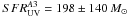 Mathematical equation: \hbox{$SFR_{\rm UV}^{A3} = 198\pm 140\,M_{\sun}$}