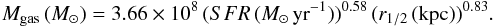 Mathematical equation: \begin{equation} \label{eq:gasmass} M_{\rm gas}\,(M_{\sun}) = 3.66\times 10^8\, (SFR\,(M_{\sun}\,{\rm yr}^{-1}))^{0.58}\, (r_{1/2}\,(\rm kpc))^{0.83}. \end{equation}