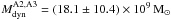 Mathematical equation: \hbox{$M^{\rm A2,A3}_{\rm dyn} = (18.1\pm 10.4)\times 10^9\,\rm M_{\sun}$}