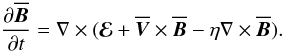 Mathematical equation: \begin{equation} \frac{\partial{\overline{\vec{B}}}}{\partial t} =\nabla\times(\vec{\mathcal{E}}+\overline{\vec{V}}\times\overline{\vec{B}} -\eta\nabla\times\overline{\vec{B}}). \label{eq4} \end{equation}