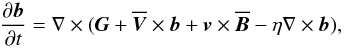 Mathematical equation: \begin{equation} \frac{\partial\vec{b}}{\partial t} =\nabla\times(\vec{G}+\overline{\vec{V}}\times\vec{b} +\vec{v}\times\overline{\vec{B}} -\eta\nabla\times\vec{b}), \label{eq6} \end{equation}
