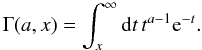 Mathematical equation: \appendix \setcounter{section}{1} \begin{equation} \Gamma(a,x) = \int_x^\infty{\rm d}t\,t^{a-1}{\rm e}^{-t}. \end{equation}