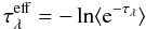 Mathematical equation: \begin{equation} \tau_\lambda^{\rm eff} = -\ln \langle {\rm e}^{-\tau_\lambda} \rangle \end{equation}