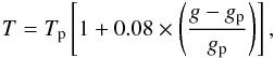 Mathematical equation: \begin{equation} T = T_{\rm p} \left[ 1 + 0.08 \times \left( \frac{g-g_{\rm p}}{g_{\rm p}} \right) \right], \label{gravdark} \end{equation}