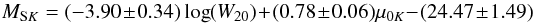 Mathematical equation: \begin{equation} \label{FP} M_{{\rm S}K} = (-3.90 \pm 0.34) \log(W_{20}) + (0.78 \pm 0.06) \mu_{0K} - (24.47 \pm 1.49) \end{equation}