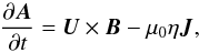 Mathematical equation: \begin{equation} \frac{\pd \bm A}{\pd t} = \bm{U}\times\bm{B}-\mu_0\eta {\bm J}, \label{equ:AA} \end{equation}