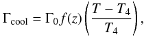 Mathematical equation: \begin{equation} \Gamma_{\rm cool} = \Gamma_0 f(z) \left(\frac{T-T_4}{T_4}\right), \end{equation}