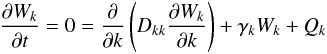 Mathematical equation: \begin{eqnarray} \frac{\partial W_{k}}{\partial t} = 0 = \frac{\partial}{\partial k}\left(D_{kk}\frac{\partial W_{k}}{\partial k}\right) + \gamma_{k}W_{k} + Q_{k} \end{eqnarray}