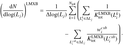 Mathematical equation: \begin{eqnarray} \left( \frac{{\rm d}N}{{\rm d}\!\log(L_j)}\right)^{\rm LMXB} = \frac{1}{\Delta{\log(L_j)}} \sum_{k=1}^{N_{\rm gal}}\left( \sum_{L_i^k\in \Delta L_j} \frac{1}{K^{\rm LMXB}_{\rm tot}(L_i^k)} \right. \nonumber \\ \left. - \sum_{L^{cxb}_i\in \Delta L_j} \frac{w^{cxb}_i}{K^{\rm LMXB}_{\rm tot}(L_i^{cxb})} \right)\cdot \label{eq:xlf2} \end{eqnarray}
