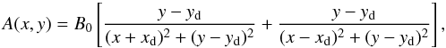 Mathematical equation: \begin{equation} A(x,y) = B_{\rm 0} \left[ \frac{ y-y_{\rm d} } { (x+x_{\rm d})^2+(y-y_{\rm d})^2 } + \frac{ y-y_{\rm d} } { (x-x_{\rm d})^2+(y-y_{\rm d})^2 } \right], \label{eq:A_func} \end{equation}