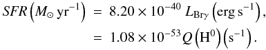Mathematical equation: \begin{eqnarray} {\it SFR} \left({M_{\odot}\, {\rm yr}^{-1}}\right) &=& 8.20\times10^{-40}~L_\mathrm{Br\gamma}\left({\rm erg}\, {\rm s}^{-1}\right), \nonumber \\ \label{SFReq}&=& 1.08\times10^{-53}Q\left(\mathrm{H}^0\right)\left({\rm s}^{-1}\right). \end{eqnarray}