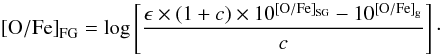 Mathematical equation: \begin{equation} {\rm [O/Fe]}_{\rm FG} = \log \left[ \frac{\epsilon \times (1+c)\times10^{{\rm [O/Fe]}_{\rm SG}}-10^{{\rm [O/Fe]}_{\rm g}}}{c} \right]\cdot \end{equation}
