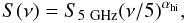 Mathematical equation: \begin{equation} S(\nu) = S_{5~{\rm GHz}}(\nu/5)^{\alpha_{\rm hi}}, \label{e5a} \end{equation}