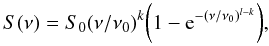Mathematical equation: \begin{equation} S(\nu)=S_0(\nu/\nu_0)^k\bigg(1-{\rm e}^{-(\nu/\nu_0)^{l-k}}\bigg), \end{equation}