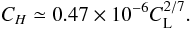 Mathematical equation: \appendix \setcounter{section}{2} \begin{equation} C_H\simeq0.47\times10^{-6}C_{\rm L}^{2/7}. \end{equation}