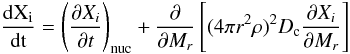 Mathematical equation: \begin{equation} {{\rm{d} X_i} \over {\rm{d}t}}= \left( {{\partial X_i}\over{\partial t}} \right)_\mathrm{nuc}+ {\partial\over{\partial M_r}} \left[ (4\pi r^2\rho)^2 D_\mathrm{c}{{\partial X_i}\over{\partial M_r}}\right] \end{equation}