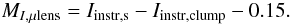 Mathematical equation: \begin{equation} M_{I,{\rm \mu lens}} = I_{\rm instr, s} - I_{\rm instr, clump} - 0.15. \end{equation}