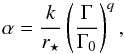 Mathematical equation: \begin{equation} \alpha=\frac{k}{r_\star}\left(\frac{\Gamma}{\Gamma_0}\right)^q, \end{equation}