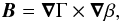 Mathematical equation: \begin{equation} \label{magnetofrictional_clebsch} \vec{B}=\vec{\nabla}\Gamma\times\vec{\nabla}\beta, \end{equation}