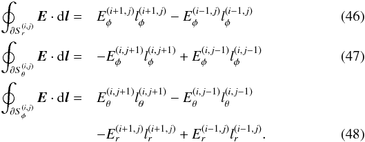 Mathematical equation: \begin{eqnarray} \label{circulations} \oint_{\partial S_r^{(i,j)}} \vec{E} \cdot \mbox{d}\vec{l}=&& E_\phi^{(i+1,j)}l_\phi^{(i+1,j)}-E_\phi^{(i-1,j)}l_\phi^{(i-1,j)}\\ \oint_{\partial S_\theta^{(i,j)}} \vec{E} \cdot \mbox{d}\vec{l}=&& -E_\phi^{(i,j+1)}l_\phi^{(i,j+1)}+E_\phi^{(i,j-1)}l_\phi^{(i,j-1)}\\ \oint_{\partial S_\phi^{(i,j)}} \vec{E} \cdot \mbox{d}\vec{l}=&& E_\theta^{(i,j+1)}l_\theta^{(i,j+1)}-E_\theta^{(i,j-1)}l_\theta^{(i,j-1)}\nonumber\\ && -E_r^{(i+1,j)}l_r^{(i+1,j)}+E_r^{(i-1,j)}l_r^{(i-1,j)}. \end{eqnarray}