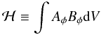 Mathematical equation: \appendix \setcounter{section}{1} \begin{equation} \label{helicity_tor} {\cal H}\equiv\int A_\phi B_\phi\mbox{d}V \end{equation}