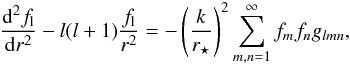 Mathematical equation: \appendix \setcounter{section}{2} \begin{equation} \label{ode_sol3} \frac{{\rm d}^2 f_{\rm l}}{{\rm d} r^2}-l(l+1)\frac{f_{\rm l}}{r^2}=-\left(\frac{k}{r_\star}\right)^2 \sum_{m,n=1}^\infty f_mf_n g_{lmn} , \end{equation}